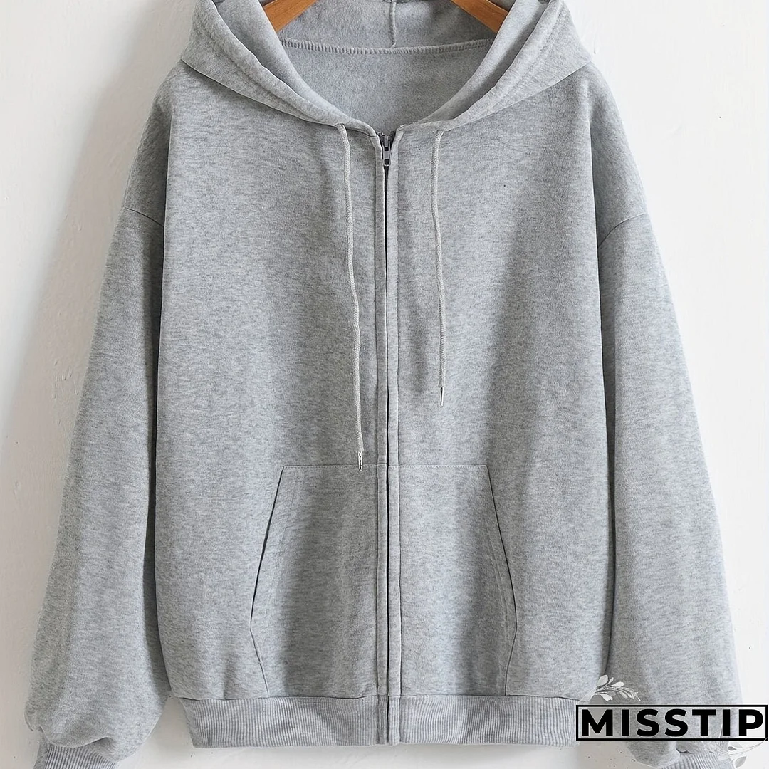 Zip Up Hooded Sweatshirt, Solid Casual Hoodie For Winter & Fall, Women's Clothing