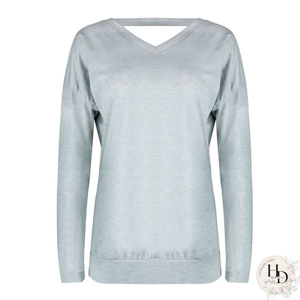 Spring/Autumn Solid V-neck Long Sleeve Backless Top Casual Loose T Shirt Women Tops