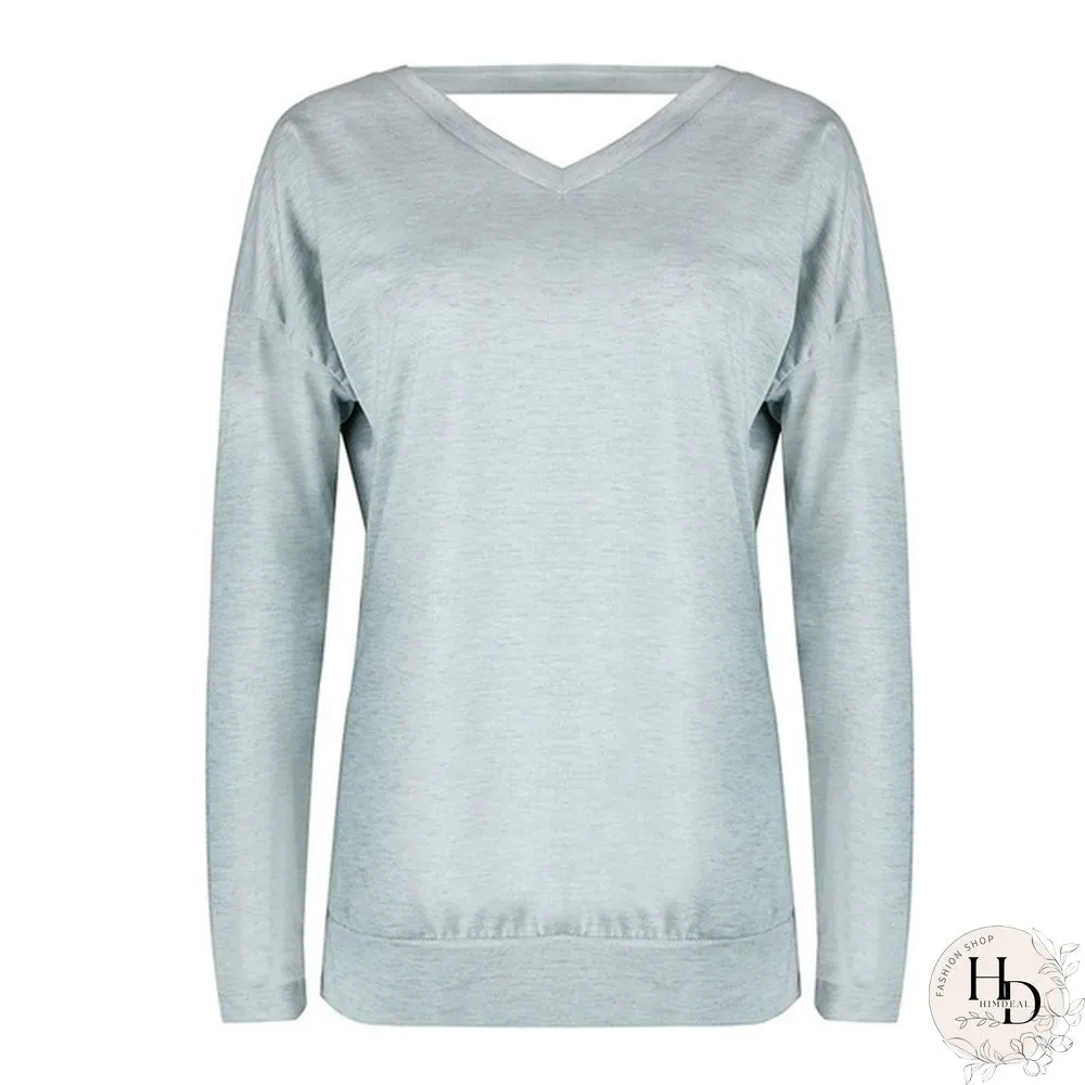Spring/Autumn Solid V-neck Long Sleeve Backless Top Casual Loose T Shirt Women Tops