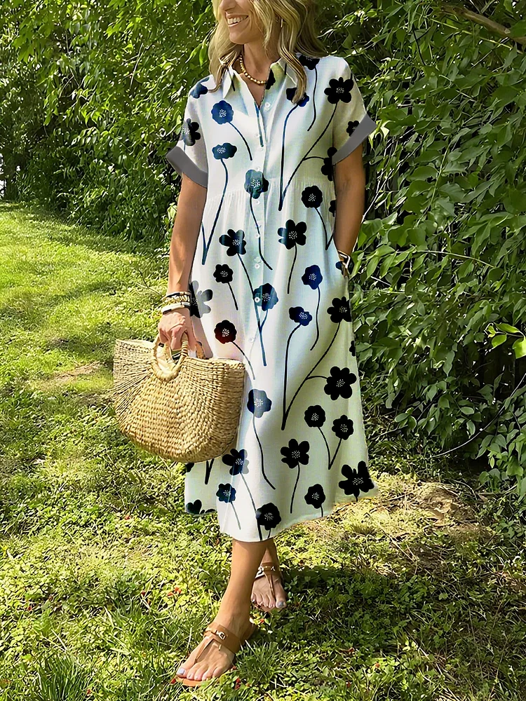 Black Floral Lapel Button Up Dress 