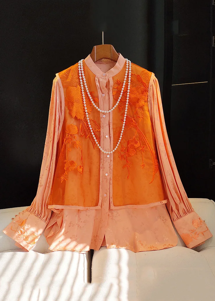 Chic Orange Embroideried Patchwork False Two Pieces Silk Cotton Blouse Fall
