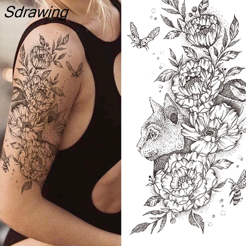 Sdrawing Fake Peony Temporary Tattoos For Women Girl Black Rose Elephant Flower Tattoo Sticker Tiger Anemone Tatoos Half Sleeve 1020-0