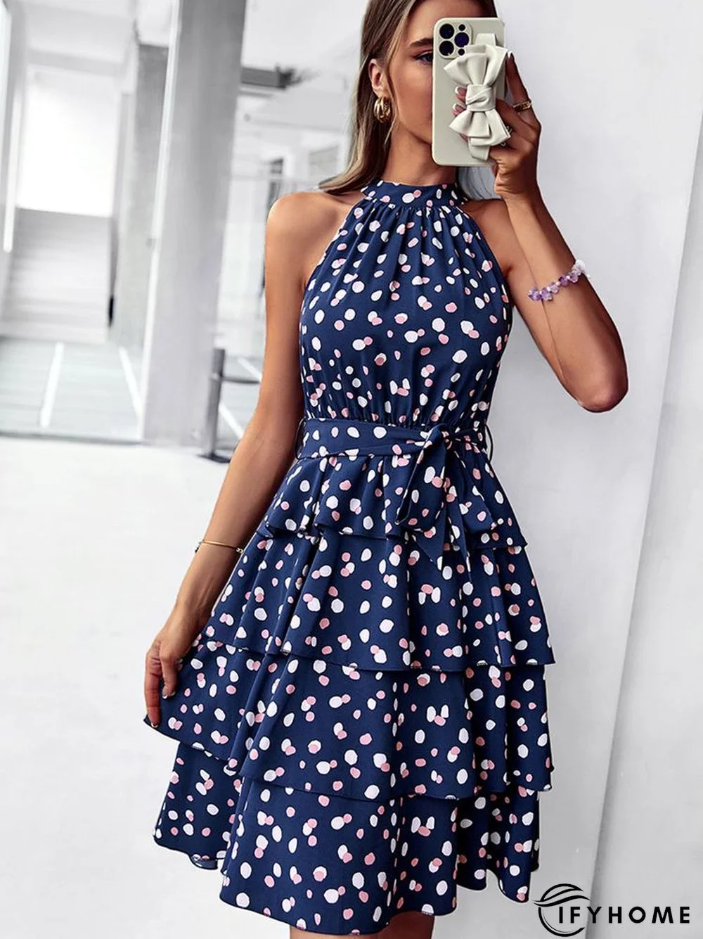 Temperament Casual Polka Dot Cake Dresses Women Summer Halter Neck Sleeveless Lace Up All Match A Line Dress | IFYHOME