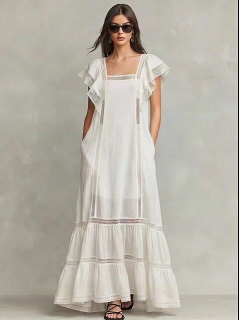 Women's White Cotton-Blend Maxi Dress With Flutter Sleeves & Tiered Ruffle Hem, Timeless Boho Casual Dress MD