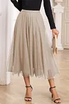 Women's Elegant Apricot Tulle Mesh Overlay Flared Midi Skirt