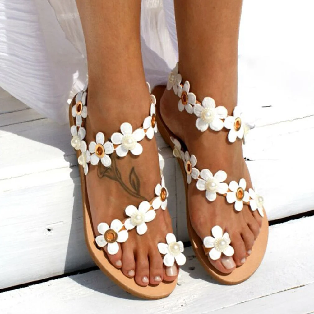 Women Sandals Summer Beach Slippers For Women Sandals Flip Flops Ladies Crystal Flat Pearl Flower Boho Casual Slippers Shoes