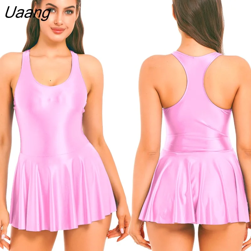 Uaang Womens Glossy Skirted Leotards Dance Dress Sexy Oil Shiny Tight Sports Yoga Ballet Practice Training Clothing Gymnastics Tutu