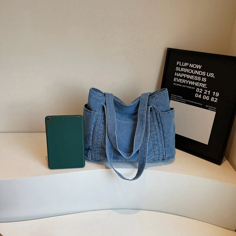 Women’s Denim Solid Color Classic Style Square Zipper Tote Bag