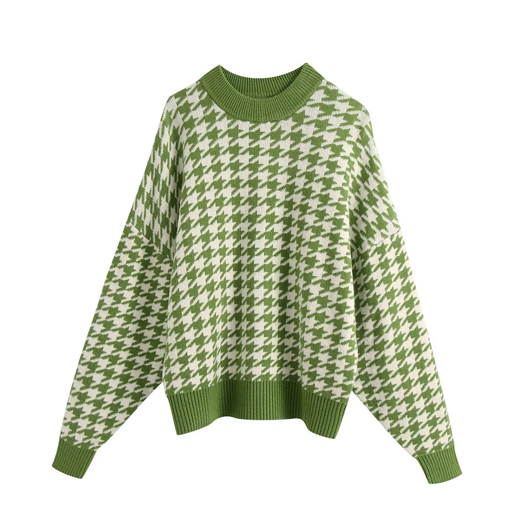 Bornladies Houndstooth Oversized Knitted Sweater Women Long Sleeve Loose Plaid Pullover Female Autumn Winter Retro Jumper Tops
