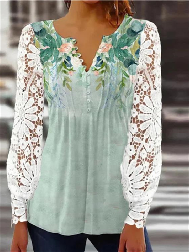 Women's Shirt Blouse White Pink Blue Floral Lace Button Long Sleeve Casual Basic V Neck Regular Floral Puff Sleeve S