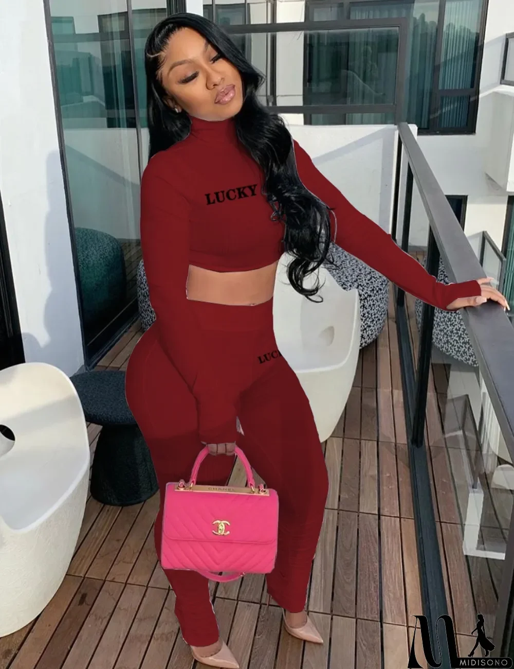 MidiSono - Autumn Matching Print Letter Tight Crop Top and Stack Pants Set