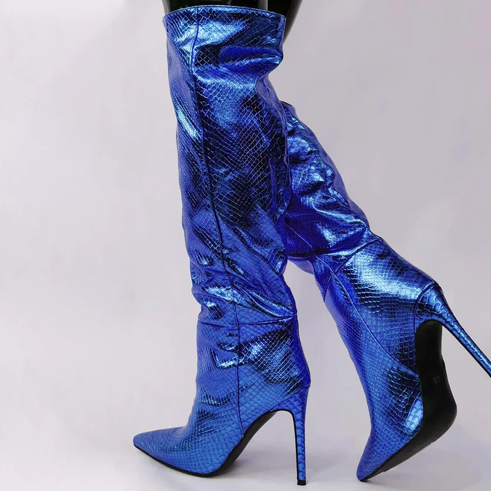 Blue Stiletto High Heel Pointed Knee High Boots