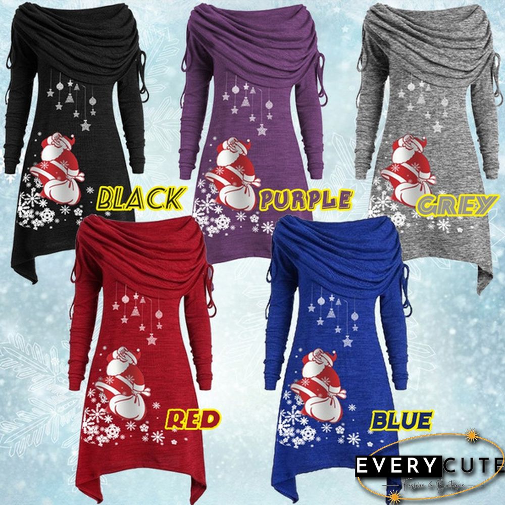 Womens Fashion Christmas Santa Claus Snowflake Print Ruched Foldover Collar Dress Cotton
