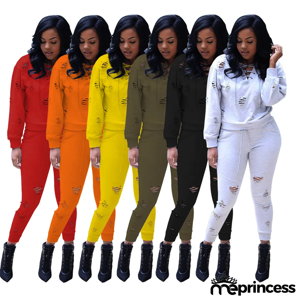 Solid Hole Long Sleeve Two Piece Pants Sets