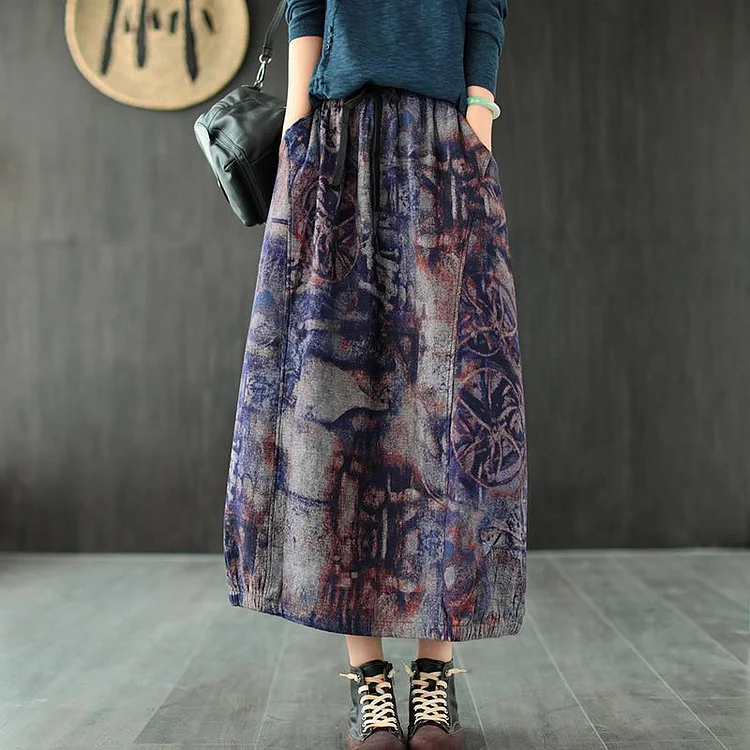 Casual Retro Print Skirt Elastic Waist