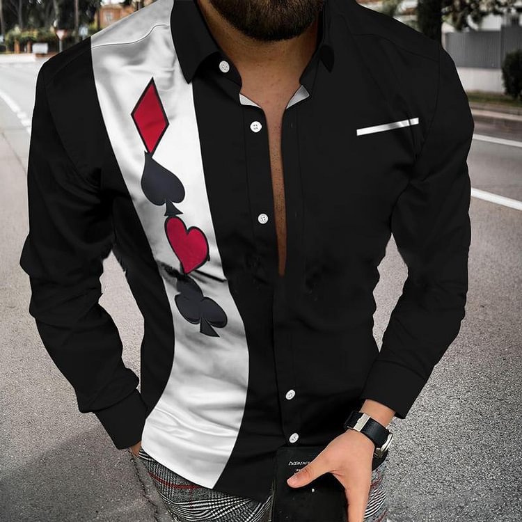 Men's Casual Color Block Poker Pr t Long Sleeve Shirt