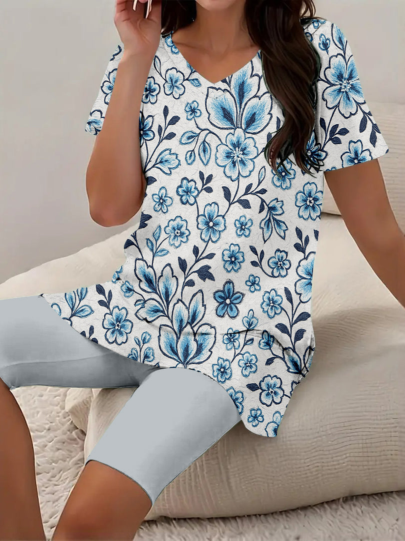 Women Long Sleeve V-neck Graphic Floral Printed Top