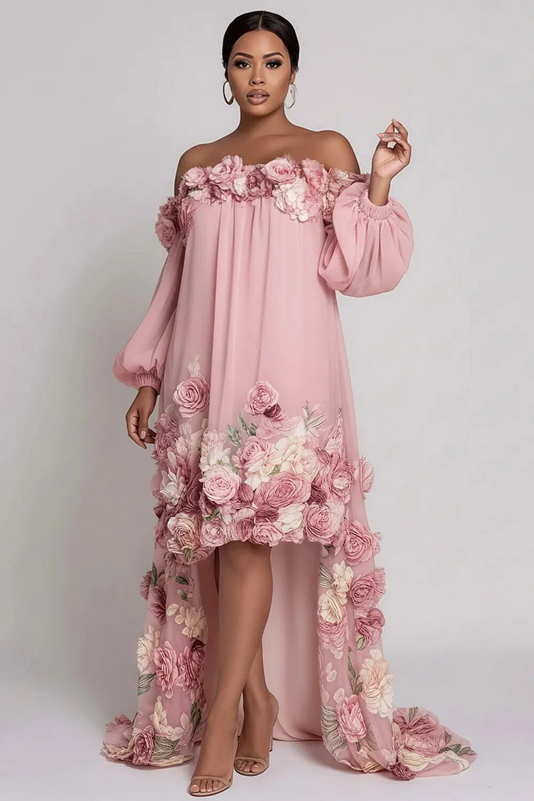 Xpluswear Design Plus Size Wedding Guest Pink Floral Off The Shoulder Long Sleeve High Low Hem 3D Chiffon Midi Dresses 2024 - Xpluswear