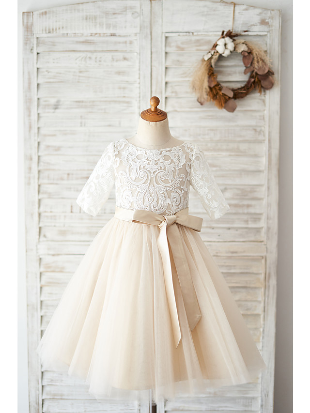 Dresseswow Half Sleeve Jewel Neck Ball Gown Flower Girl Dress Knee Length Lace Tulle With Belt Buttons