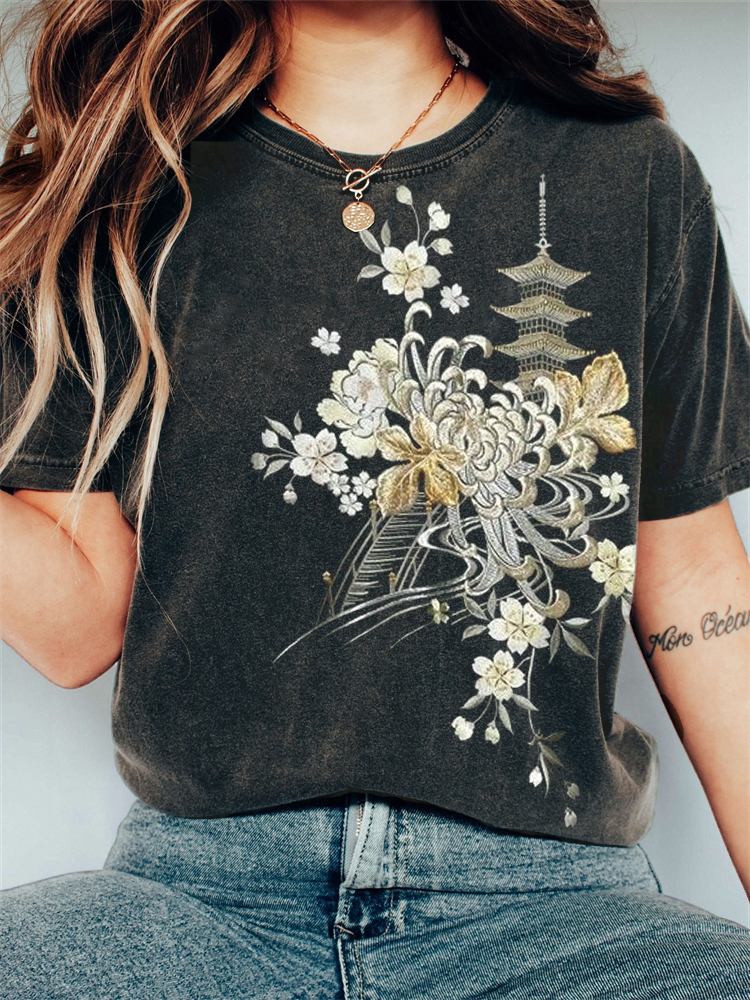 Japanese Tower Floral Embroidery Vintage Washed T Shirt elevenforest