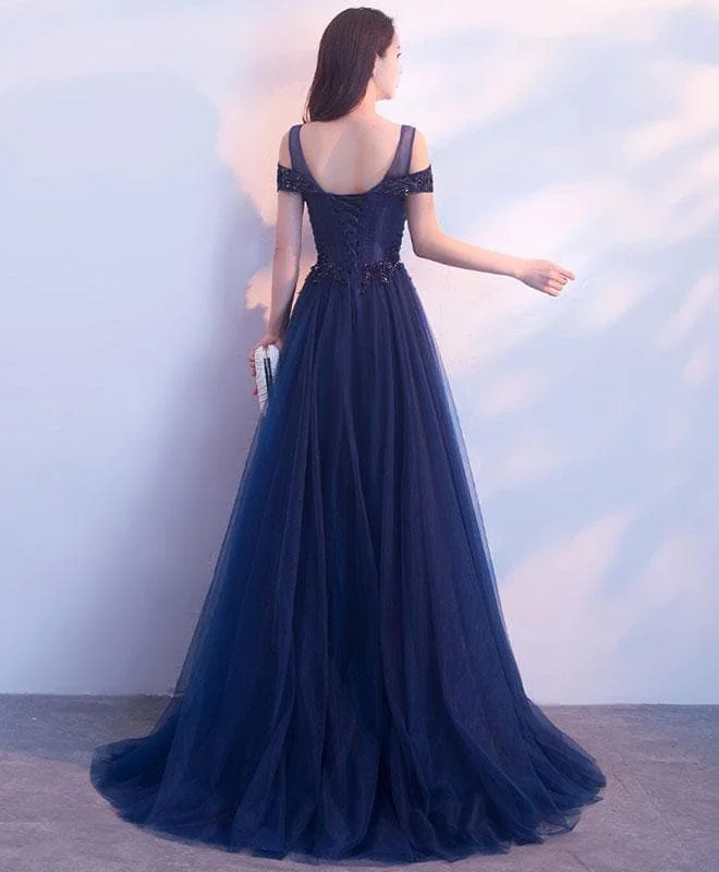 Dark Blue Tulle Long Prom Dress, Blue Evening Dresses