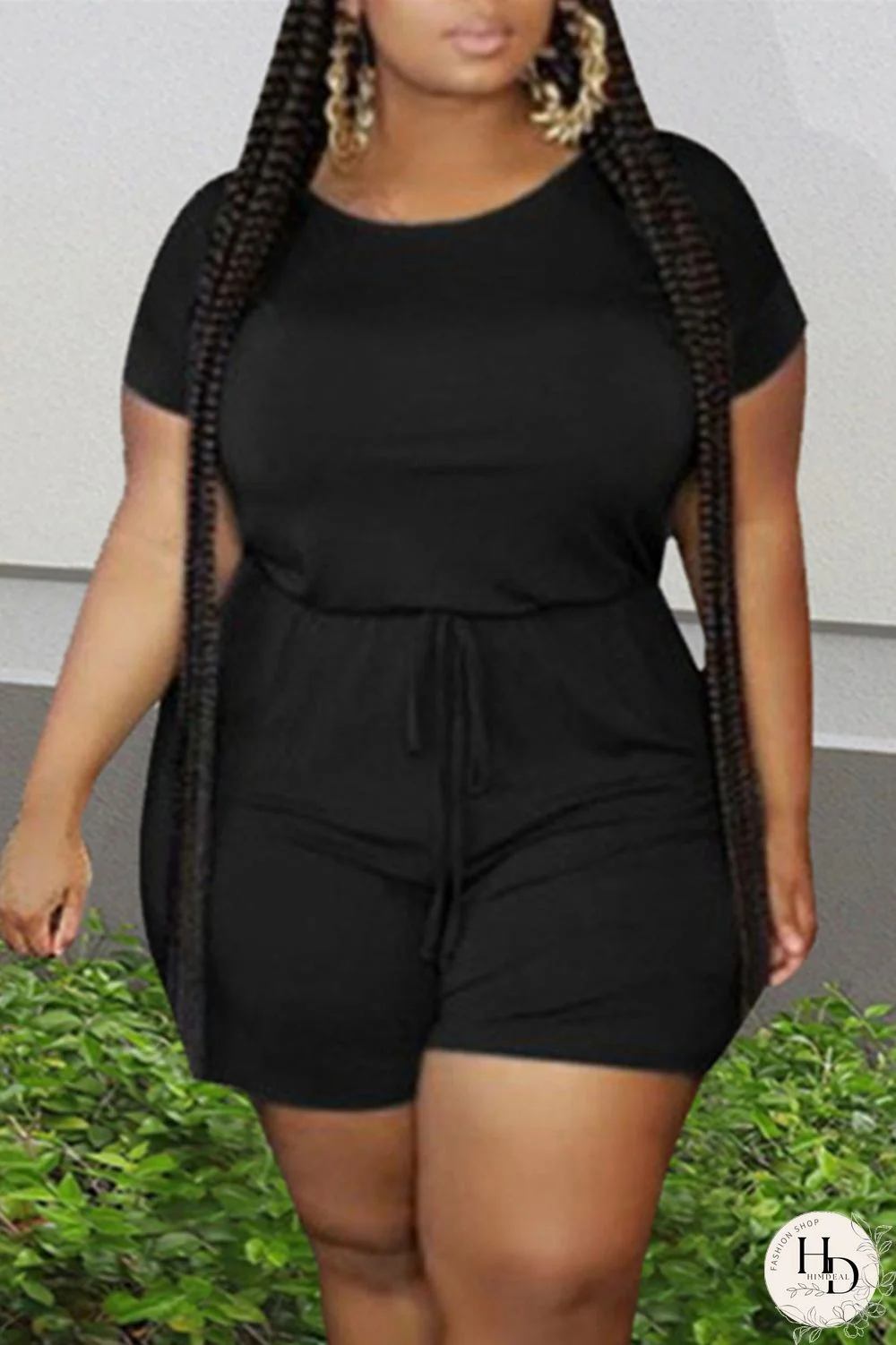 Black Fashion Casual Solid Basic O Neck Plus Size Two Pieces
