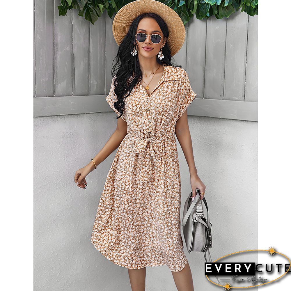 Khaki Floral Print Button Shirt Dress with Belt