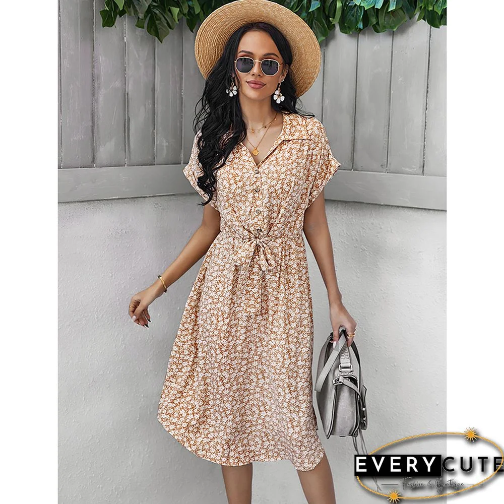 Khaki Floral Print Button Shirt Dress with Belt