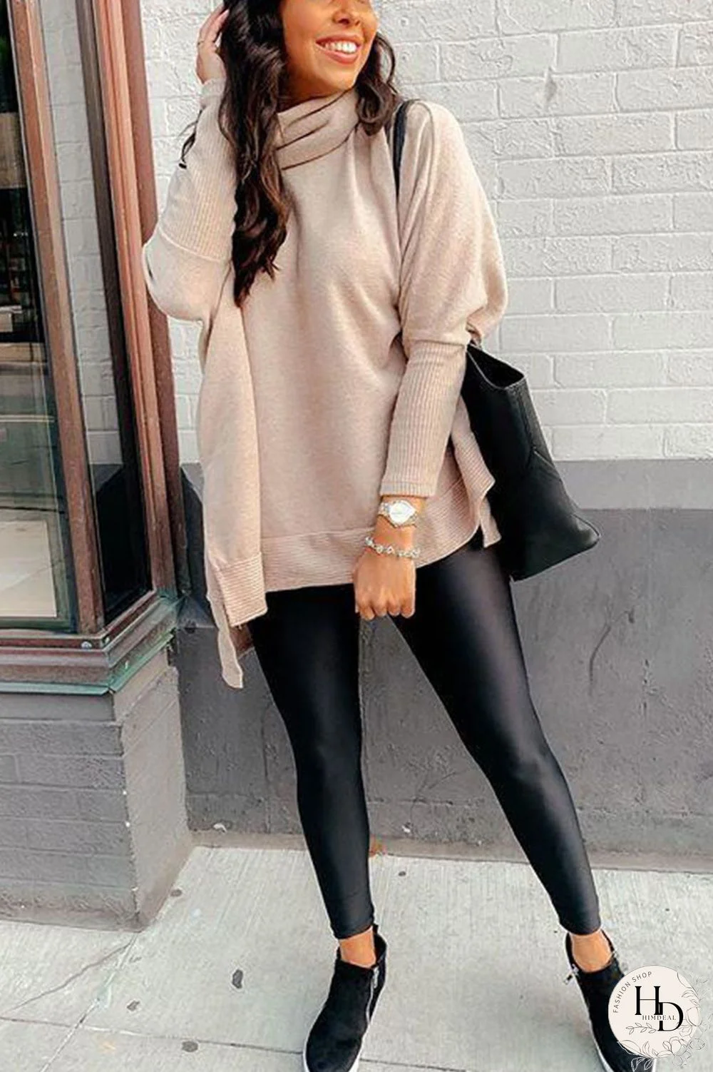Apricot British Style Solid Slit Turtleneck Tops