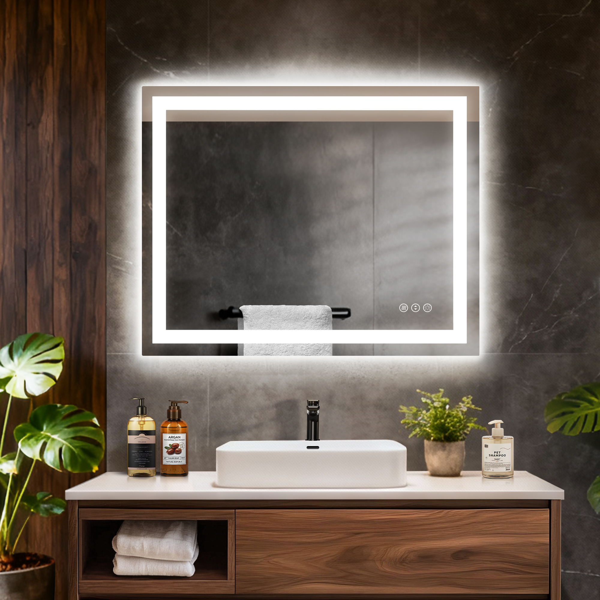 Grandjoy All In One Smart LED Bathroom Mirror With Touch Control Dimmable Dual Lighting Anti Fog Adjustable Color Temperature 3000‑6000 K Memory Function IP44 Rated
