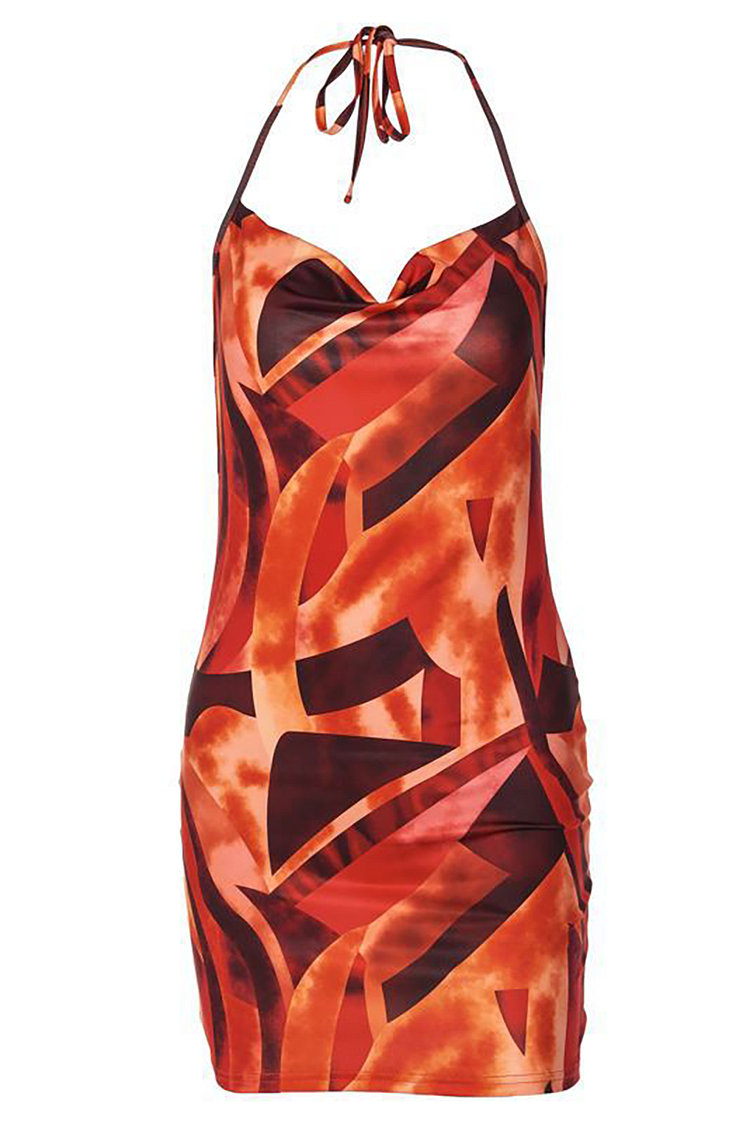 Graphic Print Sleeveless Halter Neck Bodycon Mini Dresses-Orange