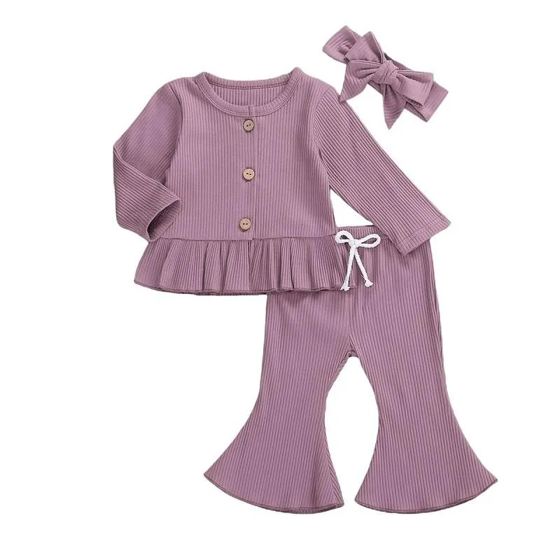 Infant Newborn Baby Toddler Girls 3 Pcs Knit Outfits Long Sleeve Buttons Round Neck Ruffle Top + Long Flared Pant + Headband