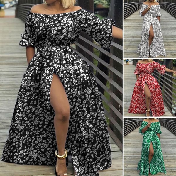 Women Off The Shoulder Sexy Long Dress Party Bohemian Floral Print Casual Loose 3/4 Lantern Sleeve Maxi Sundress Vestidos - Shop Trendy Women's Clothing | LoverChic
