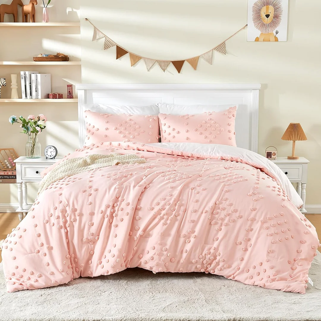 3-Piece Boho Tufted Dots Queen Size Kids Bedding Set for Girls Beige Jacquard Pom Pom Tufts Embroidery Bed-in-a-Bag Bohemian Kids Comforter Set for Boys with Comforter, 2 Pillowcase