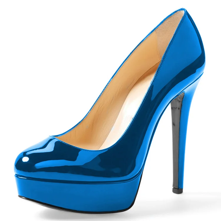 Blue Mirror Leather Platform Heels Pumps |FSJ Shoes