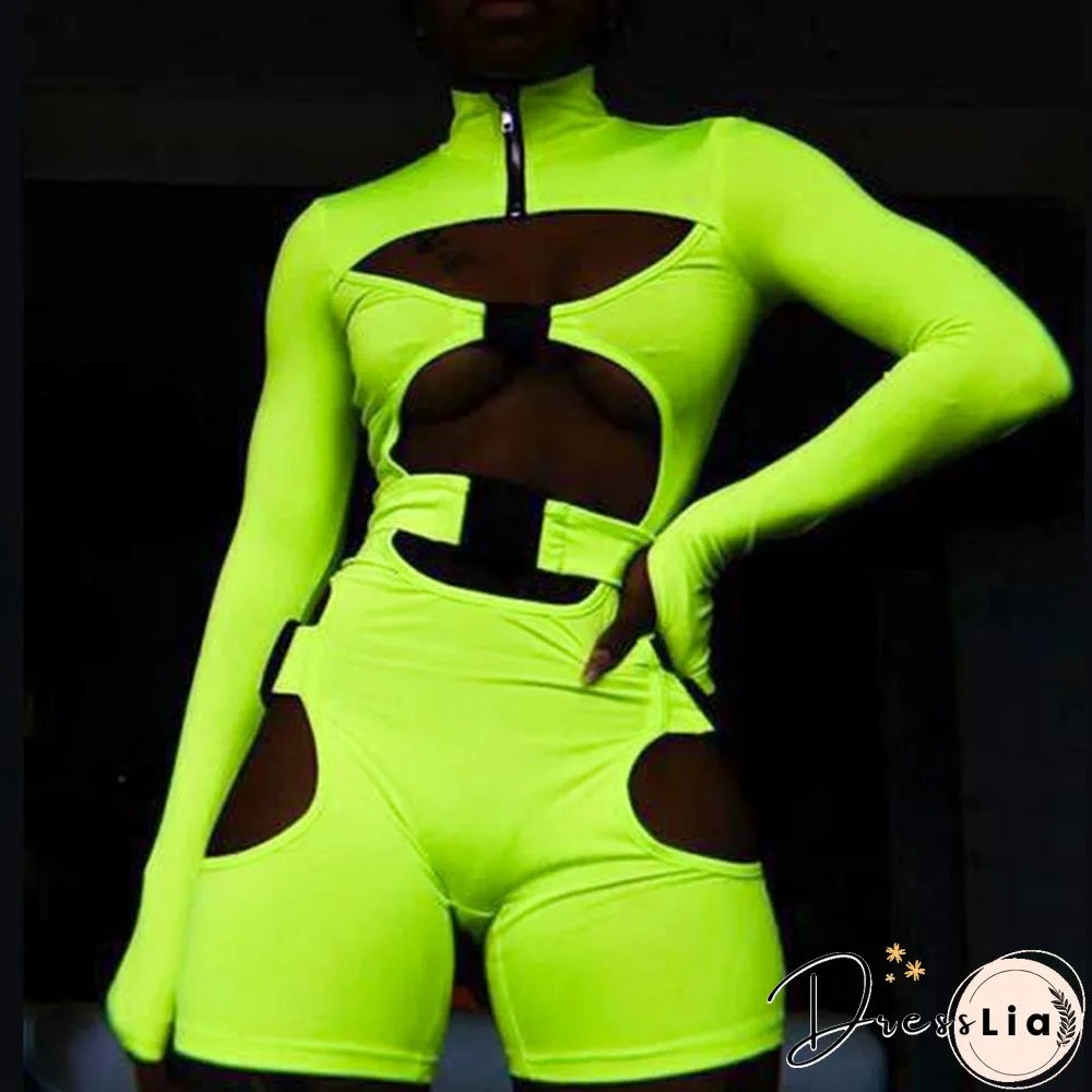 Women's Shorts Fluorescent Green Long Sleeve Jumpsuit