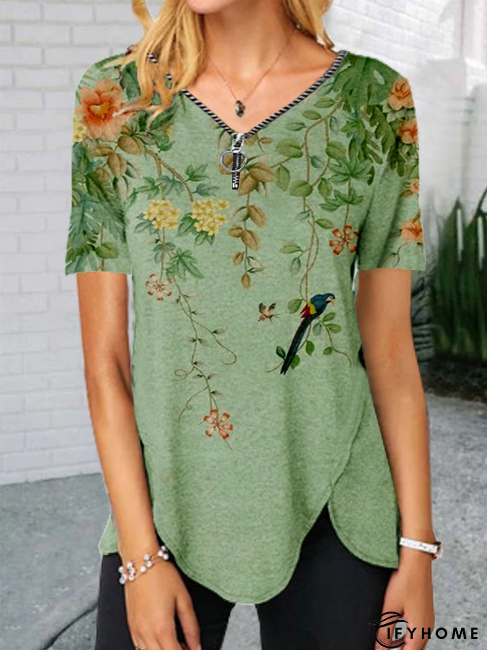 Floral Short Sleeve Zipper Cotton-blend V neck Vintage Summer Green Top | IFYHOME