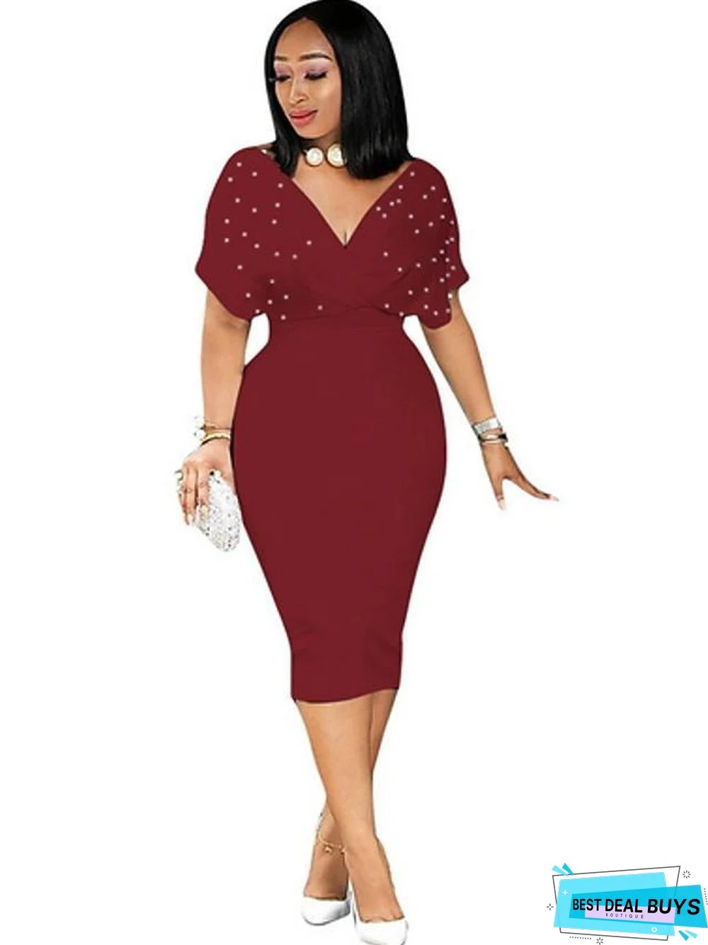 Women's Sheath Dress Knee Length Dress Short Sleeve Solid Colored Beaded Fall Winter Hot White Black Blushing Pink Wine White Dresses