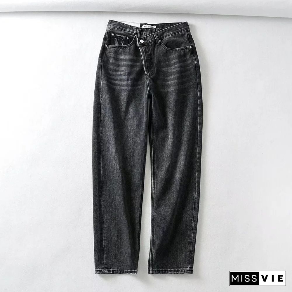 Asymmetrical Waist Mid Rise Straight Leg Jeans Without Belt