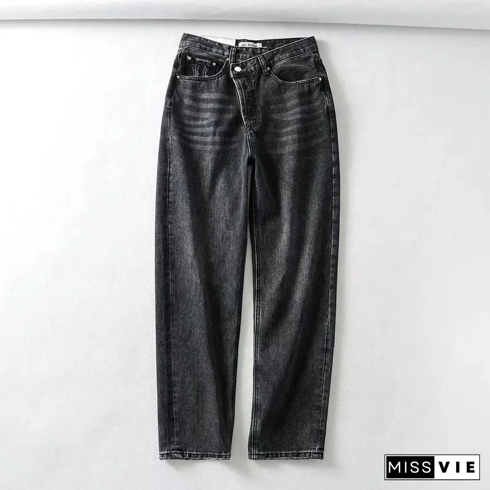 Asymmetrical Waist Mid Rise Straight Leg Jeans Without Belt