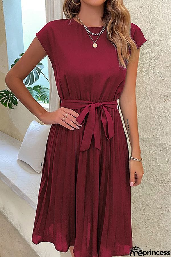 Summer vacation women's tie-up solid color pleated dress