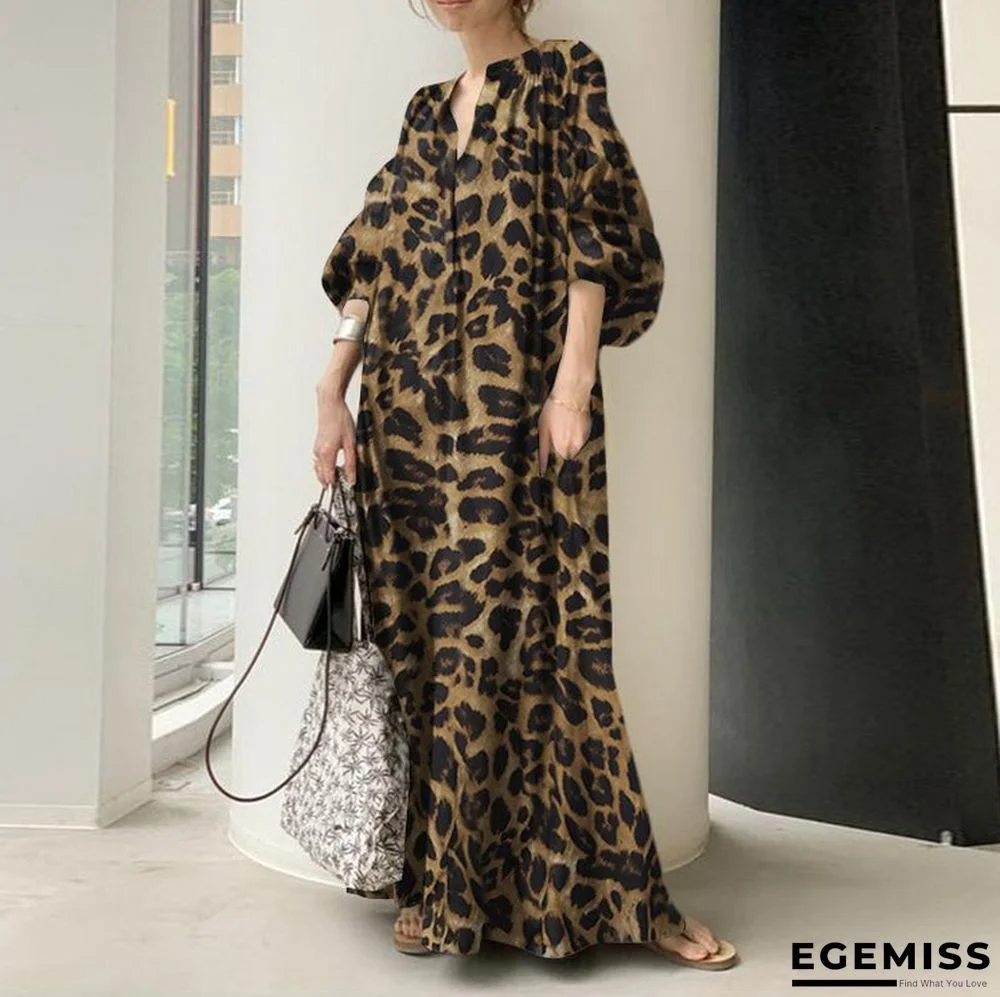 Leopard Print Stand Collar Bubble Sleeve Fashion Loose Casual Shirt Dress Black Dresses | EGEMISS