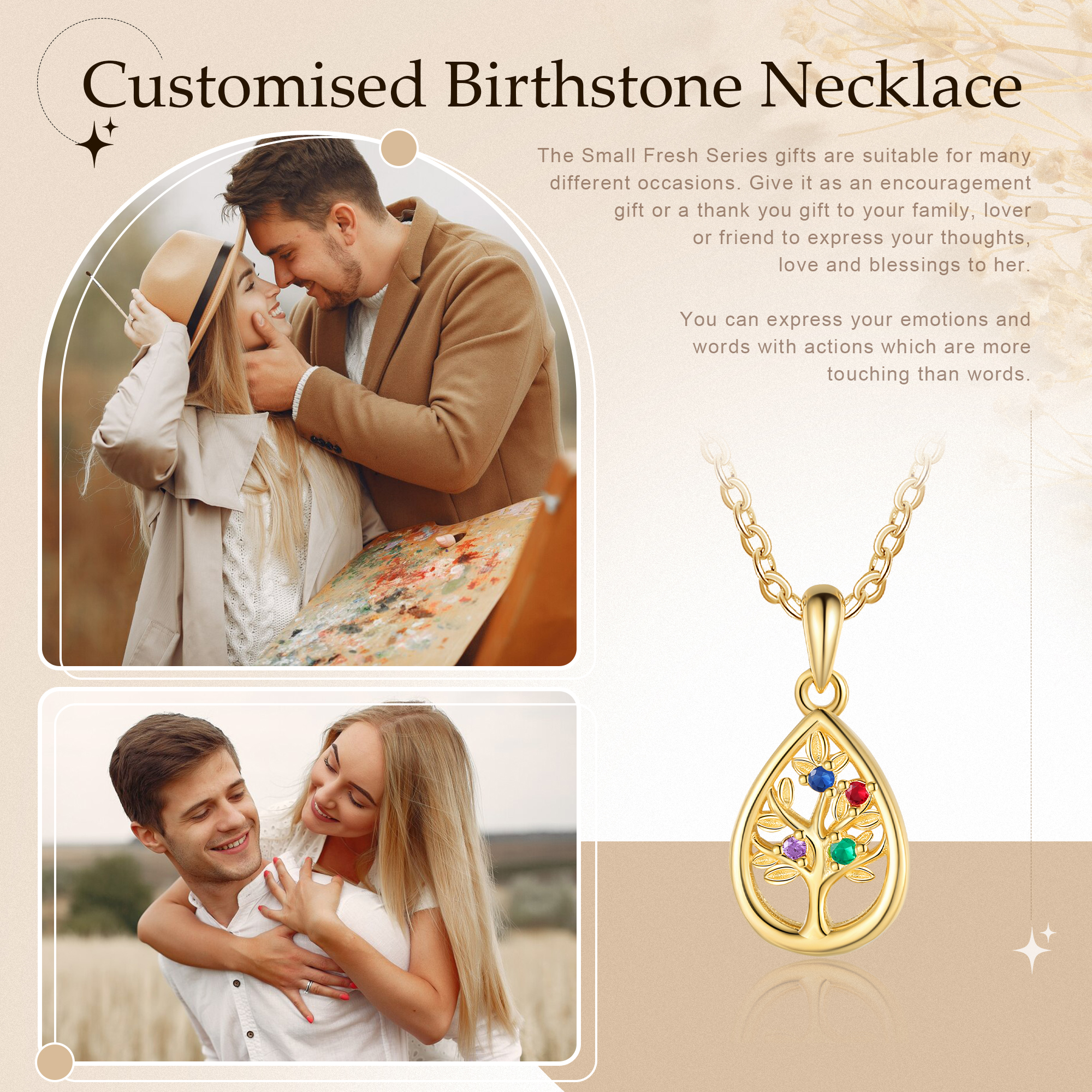 Personalised Women's Necklace Custom 4 Birthstones Teardrop Family Tree Pendant Necklace Birthday Gift for Her-Jessemade AU