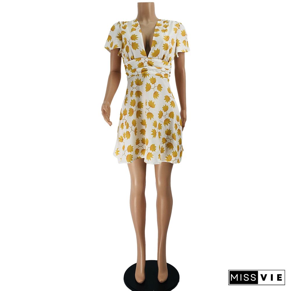 Women Casual V Neck Short Sleeve A Line Mini Dress