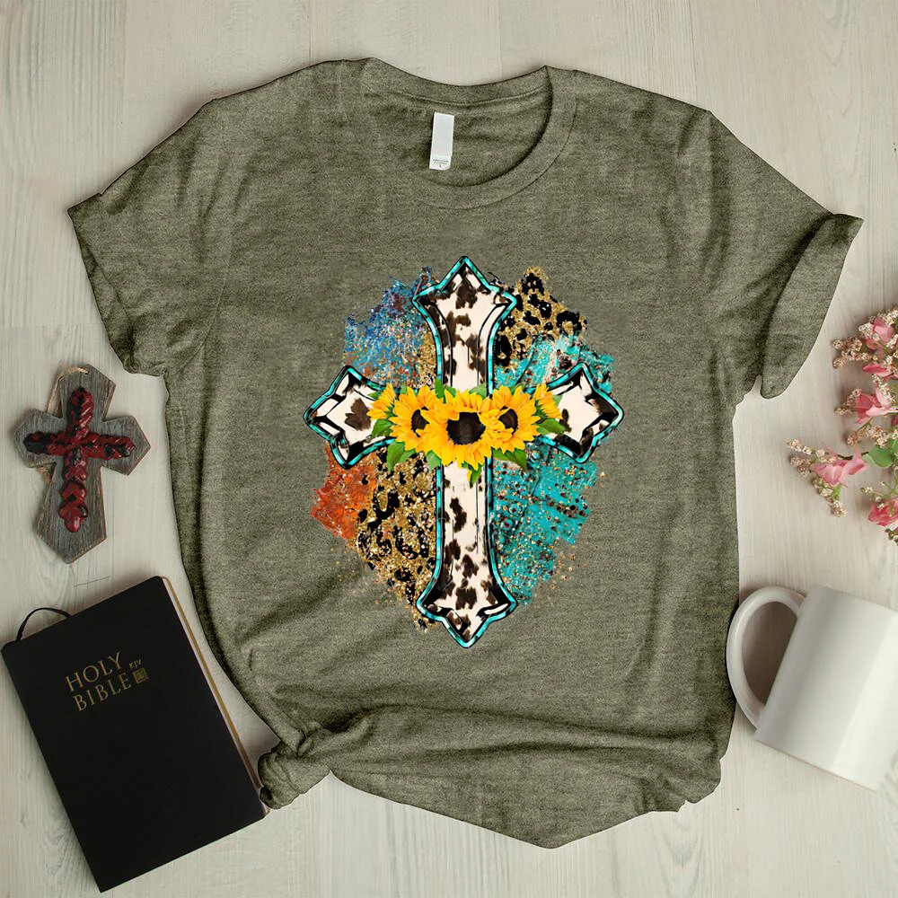 Faith cross sunflower leopard designer graphic tees