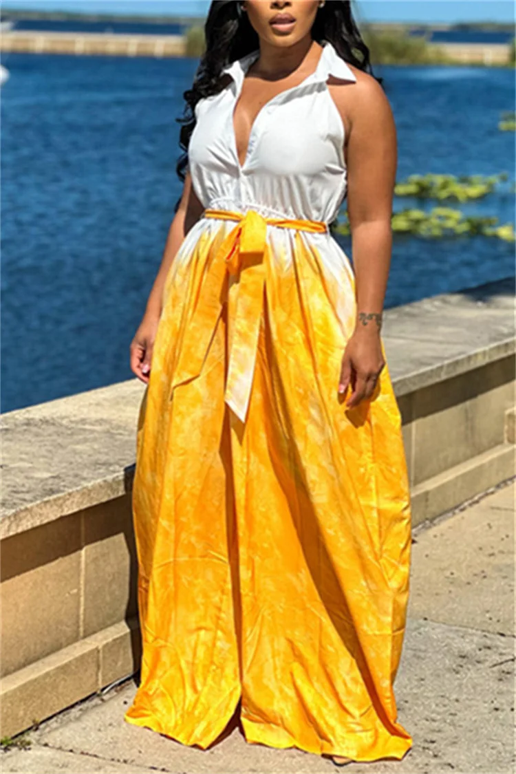 Plus Size Yellow Casual Gradient Tie-dye Wrap Wide Leg Jumpsuits [Pre-Order]
