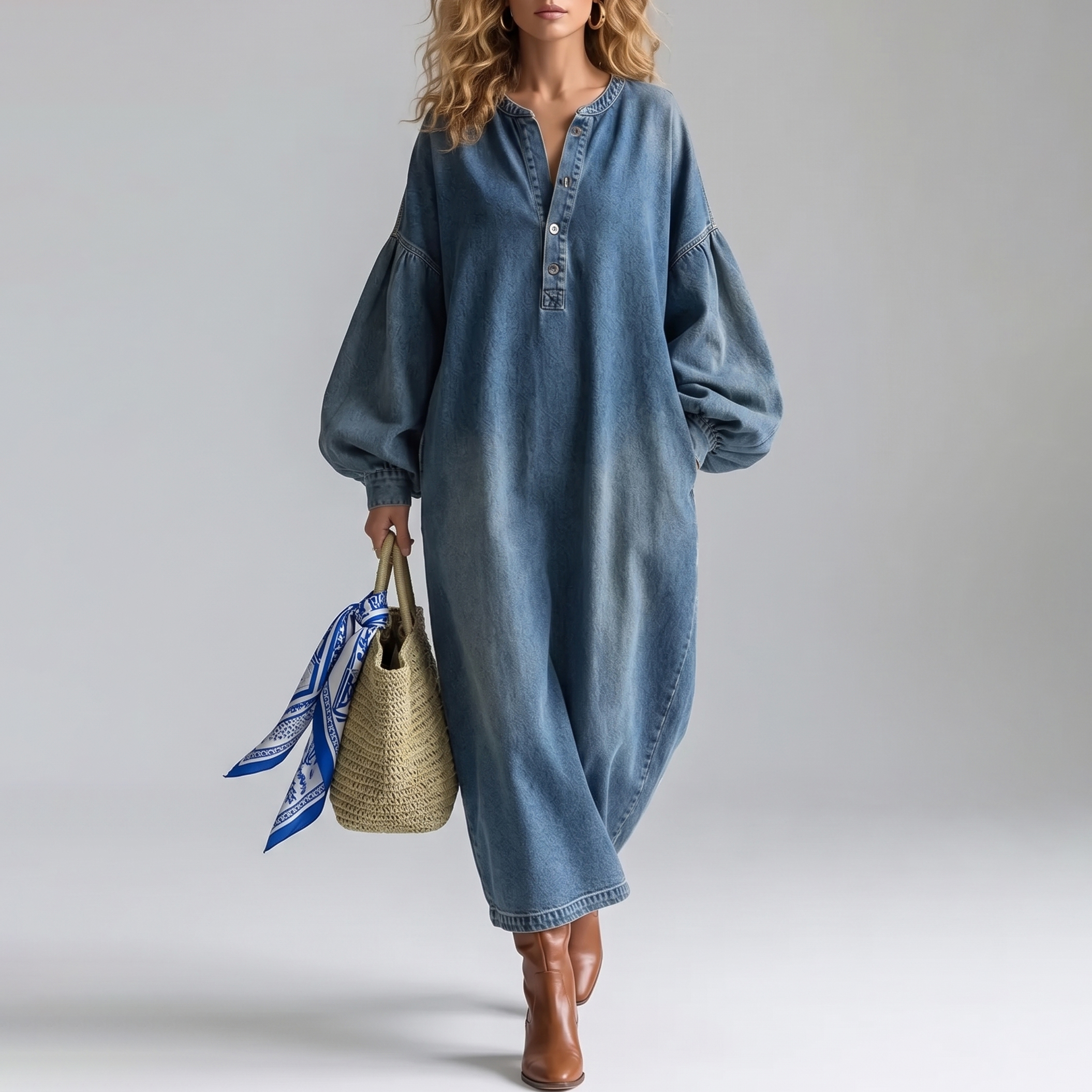 Retro Distressed Stand Collar Mid-length Denim Dress elevenforest