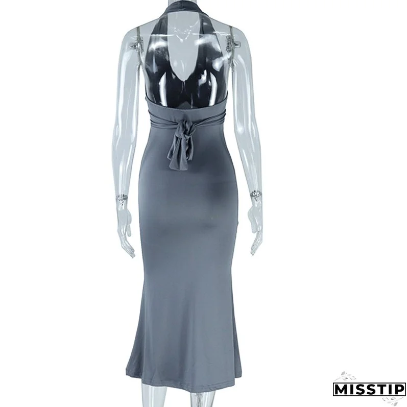 Women Solid Sexy Deep V-Neck Halter Neck Backless Dress