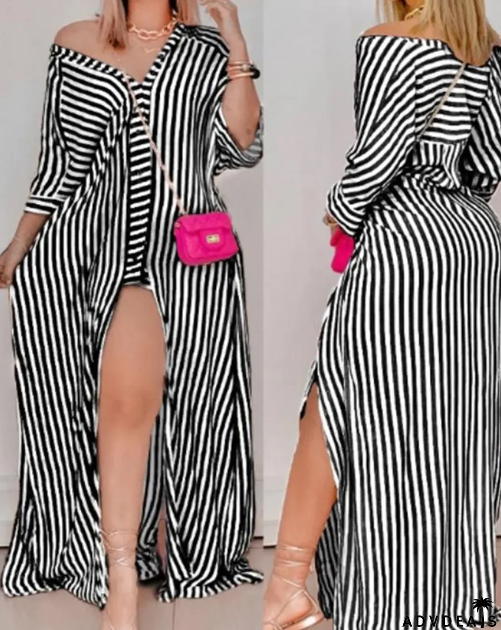 Fall Black Stripe Print Button-Open Long Sleeve Shirt Long Dress