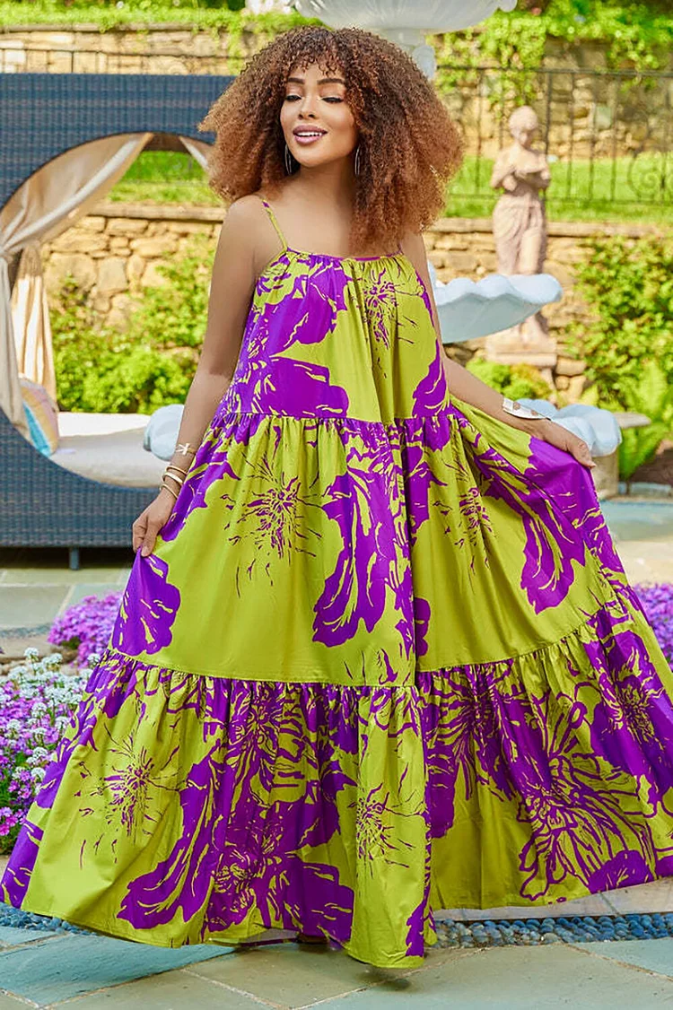 Floral Print Loose Fit Spaghetti Strap Maxi Dresses-Green